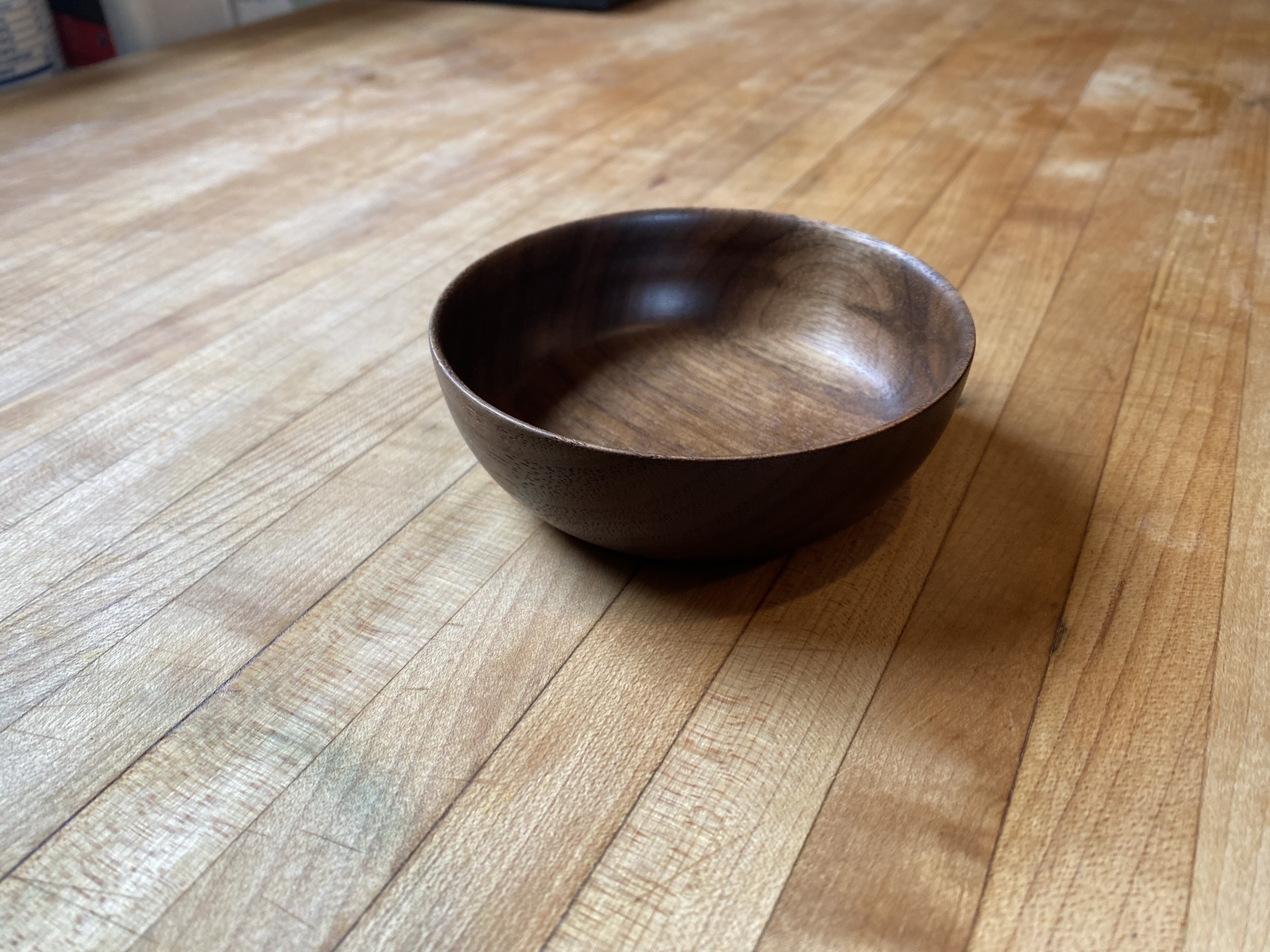 hand turned, round walnut wood bowl