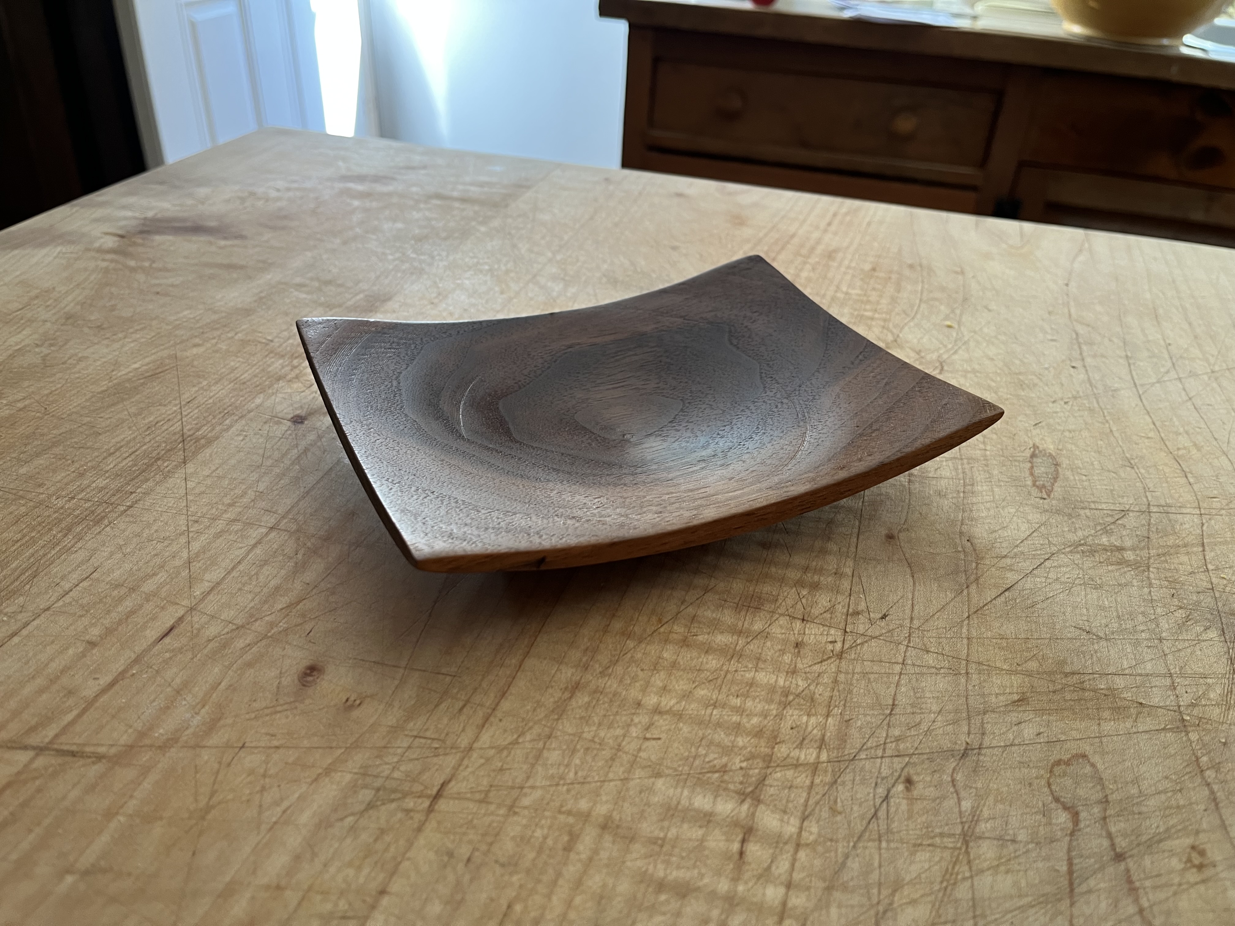 hand turned, rectangular walnut wood dish